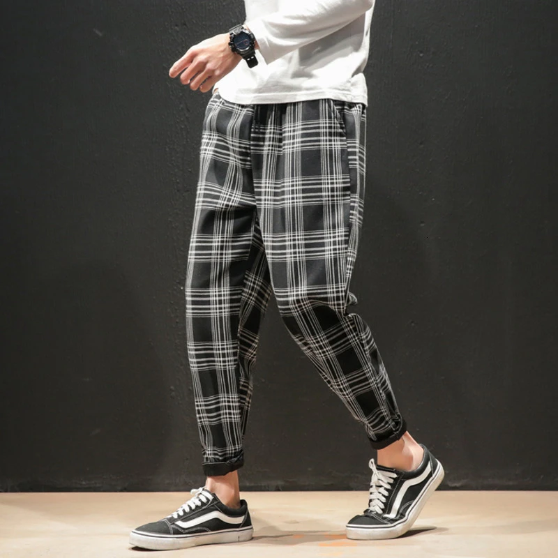 Dropshipping Japanese Streerwear Men Plaid Pants 2020 Autumn Fashion Slim Man Casual Trousers Korean Male Harem Pants