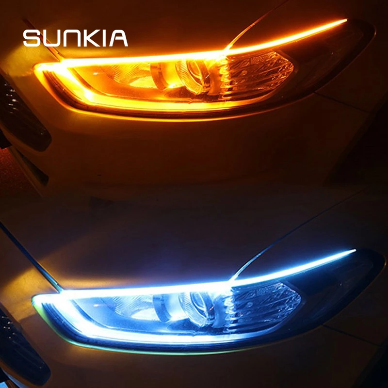 2Pcs DRL Daytime Running Lights Switchback Strip Lamp 30/45/60CM White with Flowing Yellow Color Angel Eye Day Light