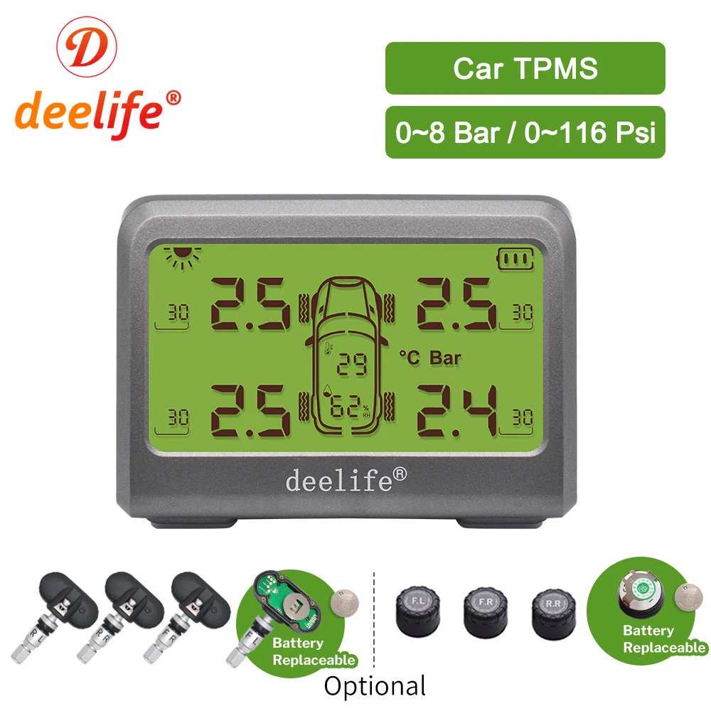 Deelife Solar TPMS Car Tire Pressure Monitoring System 0-8 Bar TMPS Wheel Tyre Internal External Sensor