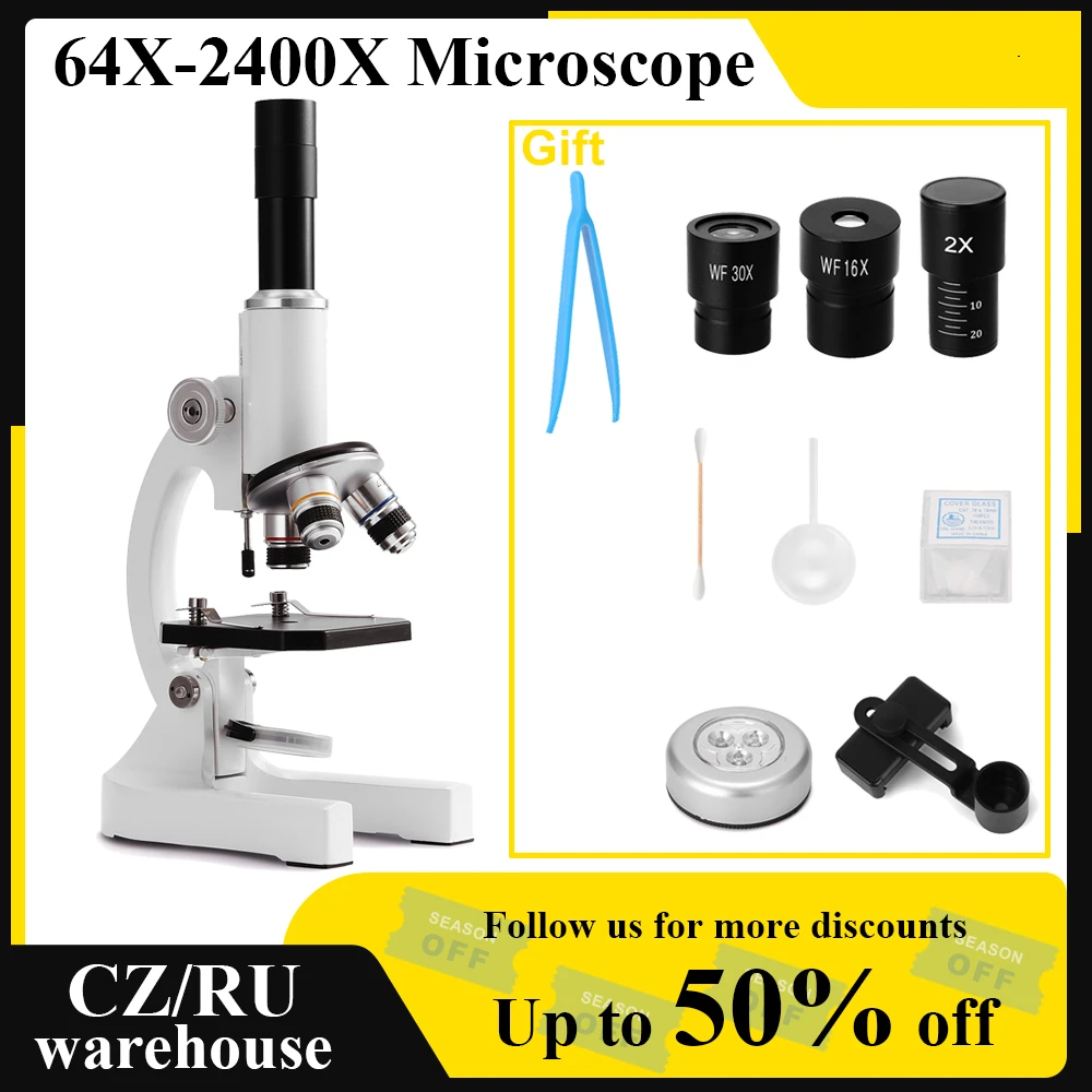 64X-2400X Monocular Optical Microscope Elementary School Science Experimental Biology Teaching Microscope Children Birthday Gift