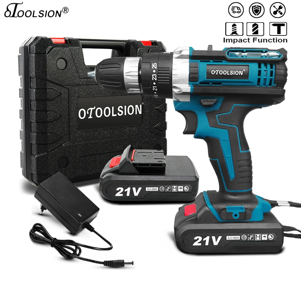 21V 18+3 Torque Impact Drill Cordless Screwdriver Power Tools Screwdriver Impact Hammer Drill Screwdriver With PlasticTool Box