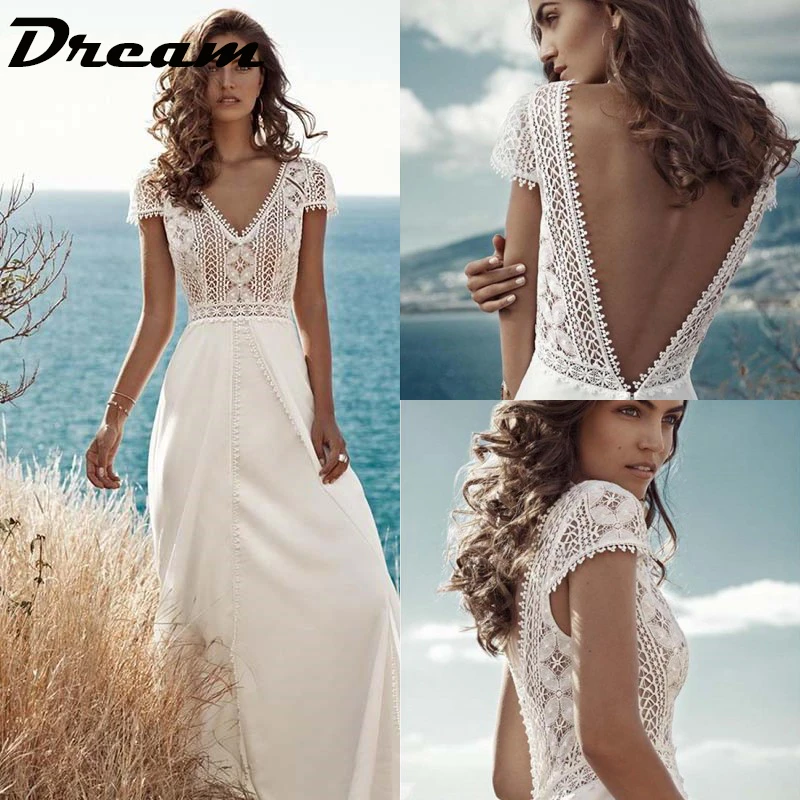 Boho Chiffon Backless Wedding Dress For Women 2021 V-Neck A-Line Cap Sleeve Beach Bride Gown Cut-Out Bohemian Robe De Mariee