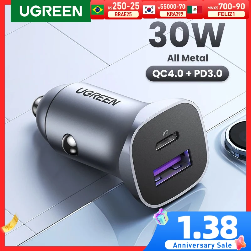 UGREEN Car Charger Type C Fast USB Charger for iPhone 13 12 Xiaomi Car Charging Quick 4.0 3.0 Charge Moible Phone PD Charger