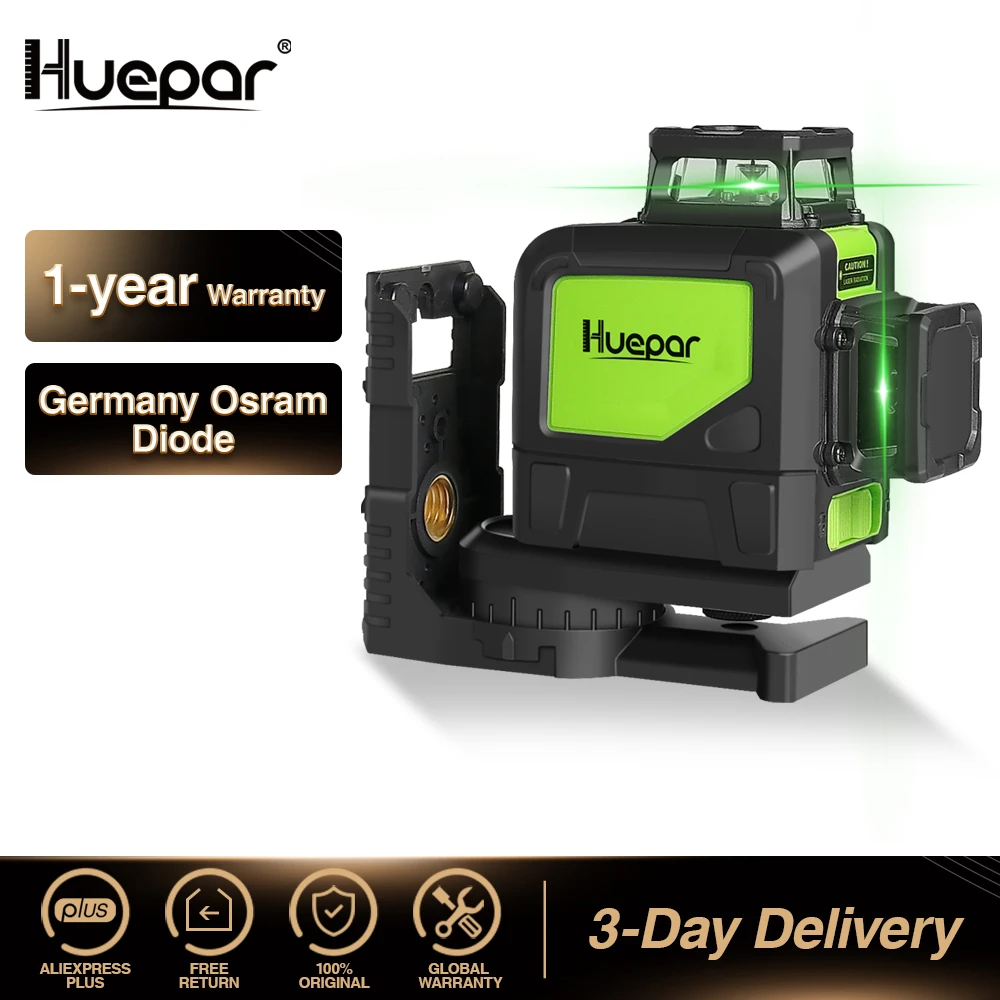 Huepar Self-leveling Professional Green Beam Cross Line Laser 360-Degree Coverage Horizontal and Vertical Line with Pulse Modes