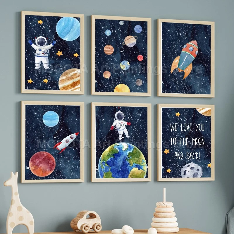 Space Planet Rocket Astronaut Star Nursery Wall Art Canvas Painting Nordic Poster And Prints Wall Pictures Baby Kids Room Decor