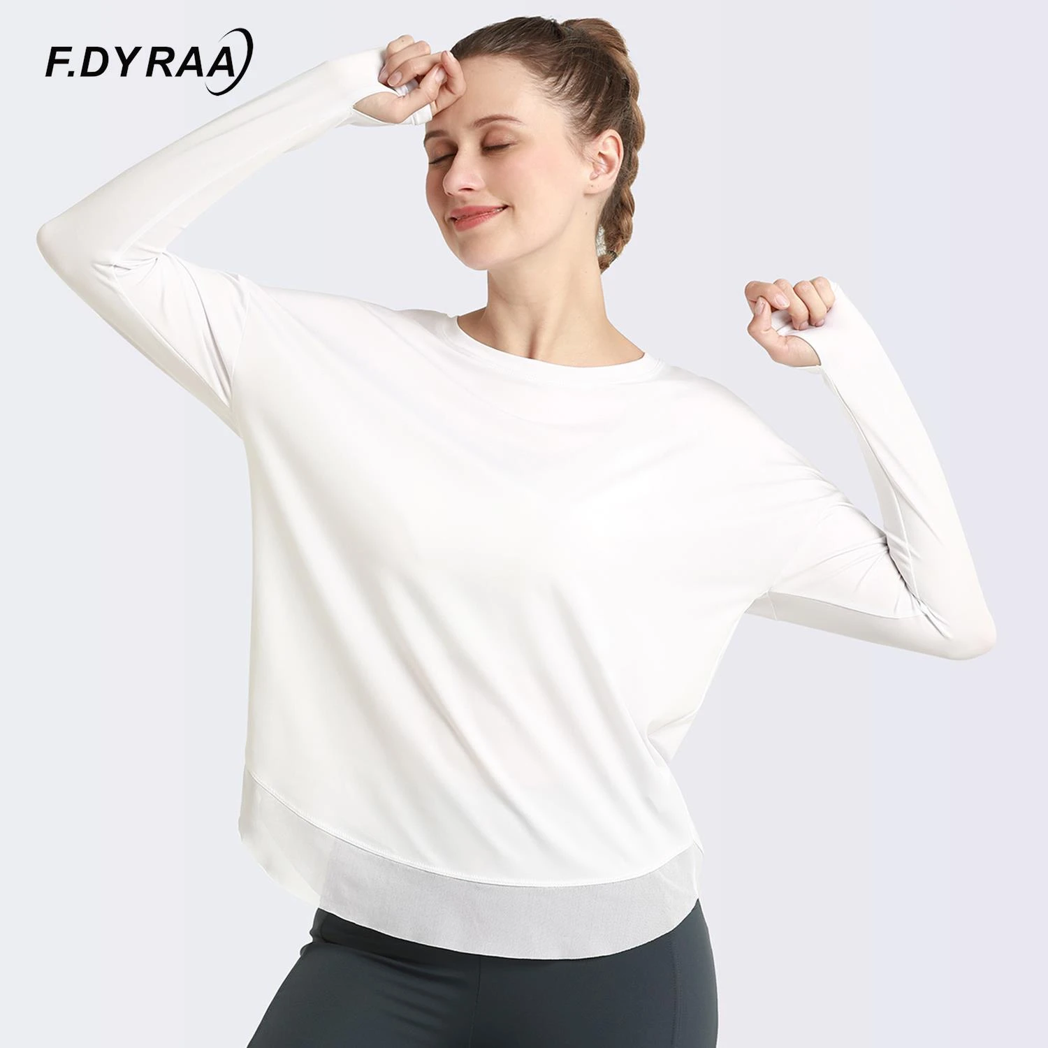 F.DYRAA Women Long Sleeve Yoga Shirt Fitness Loose Gym Workout Blouse Sport T-shirt Thumb Holes Mesh Running Fit Sportwear Top