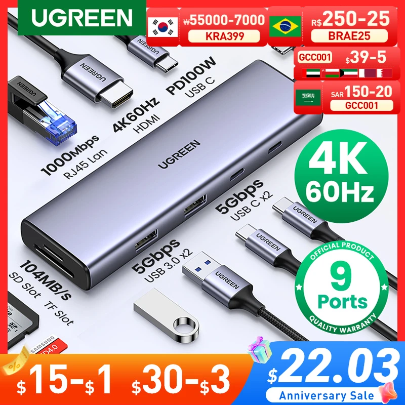 UGREEN USB C HUB 4K 60Hz Type C to HDMI 2.0 RJ45 USB 3.0 PD 100W Adapter For Macbook Air Pro iPad Pro M1 PC Accessories USB HUB