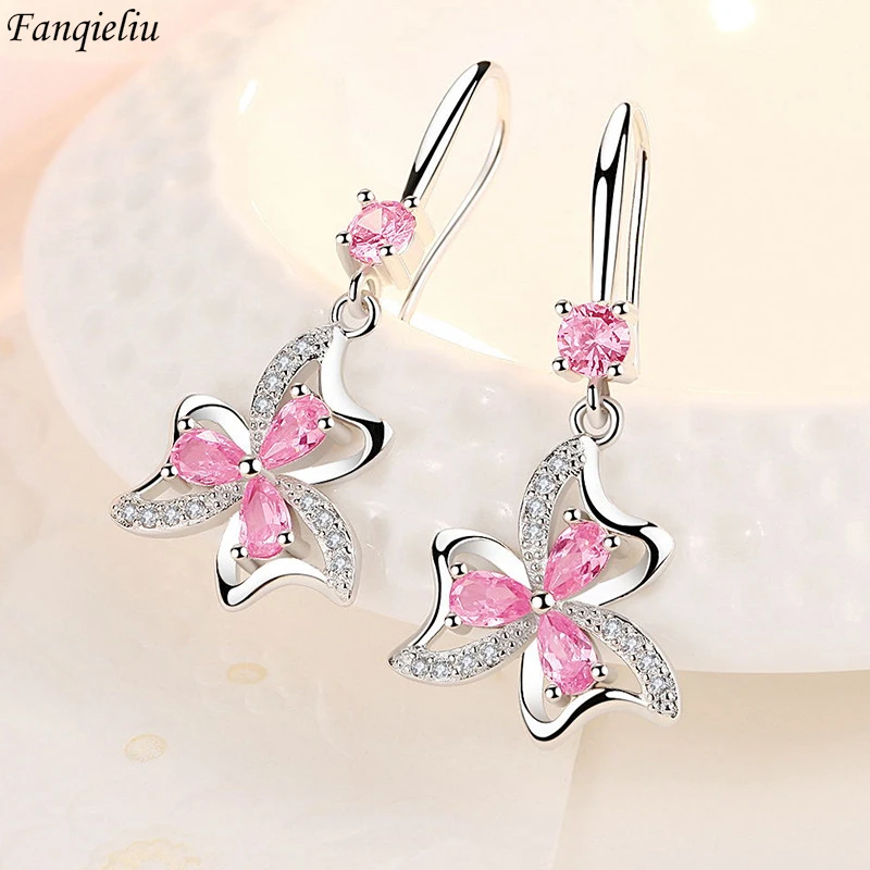 Fanqieliu 925 Sterling Silver Female Wedding Jewelry Luxury Crystal Flower Drop Earrings For Women FQL20012