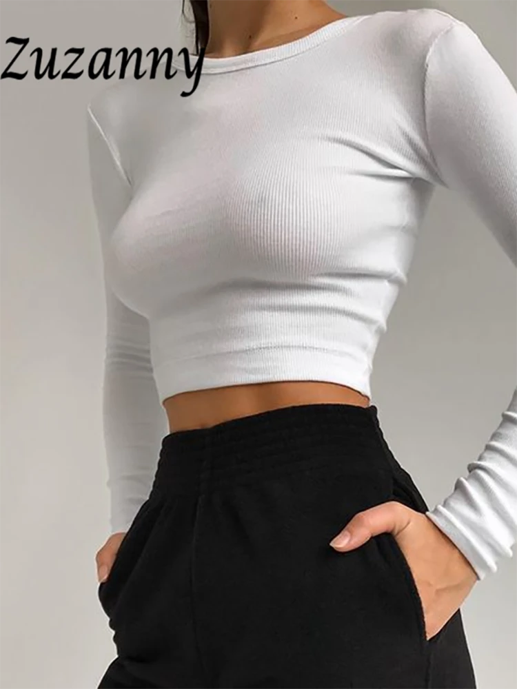 Zuzanny O Neck Long Sleeve Shirt Women Ribbed Sexy Cropped Tops 2021 Spring Black Casual Skinny Slim Basic Woman T Shirts White