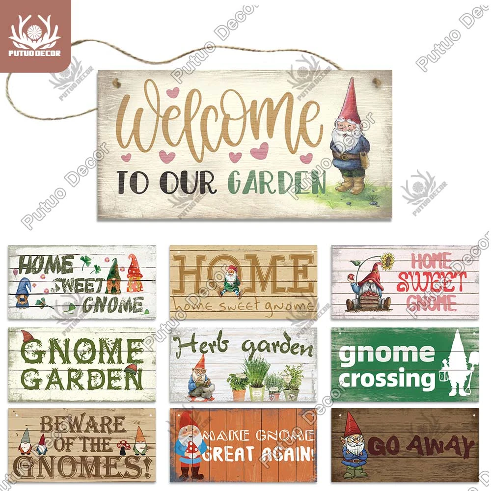 Putuo Decor Garden Home Gnome Wooden Signs Decorative Plaques for Garden House Door Wall Decoration Family Housewarming Gift