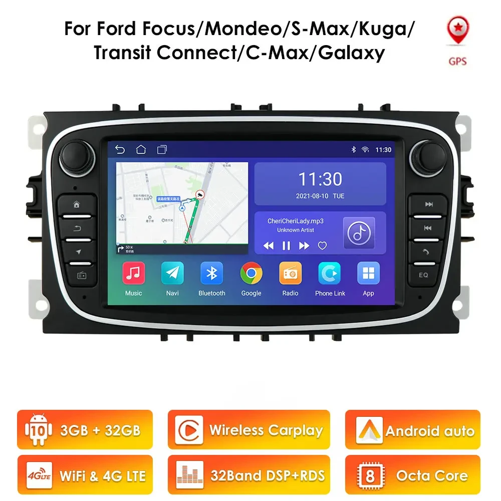 Android 10 Car Radio 2 Din Multimedia Player 7'' Audio DVD Player for Ford Focus S-Max Mondeo 2007-2012 Galaxy C-Max GPS No Dvd