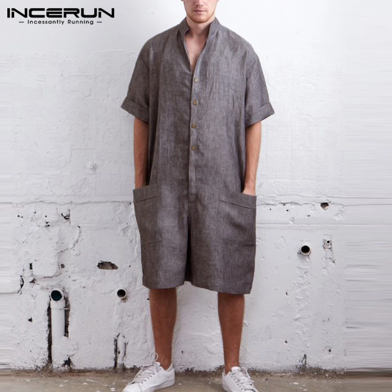 INCERUN Summer Loose Men Rompers Cotton Half Sleeve Button Pants Vintage Casual Solid Men Cargo Overalls Jumpsuit Trousers Men