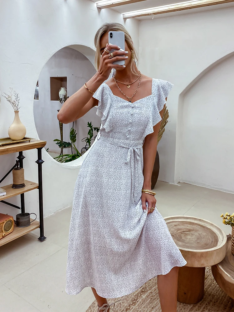 Simplee Casual Polka Dot Printed High Waist Women Dress Summer V-neck Sleeveless Vestidos 2021 Ruffled Lace-up Maxi Sundress New