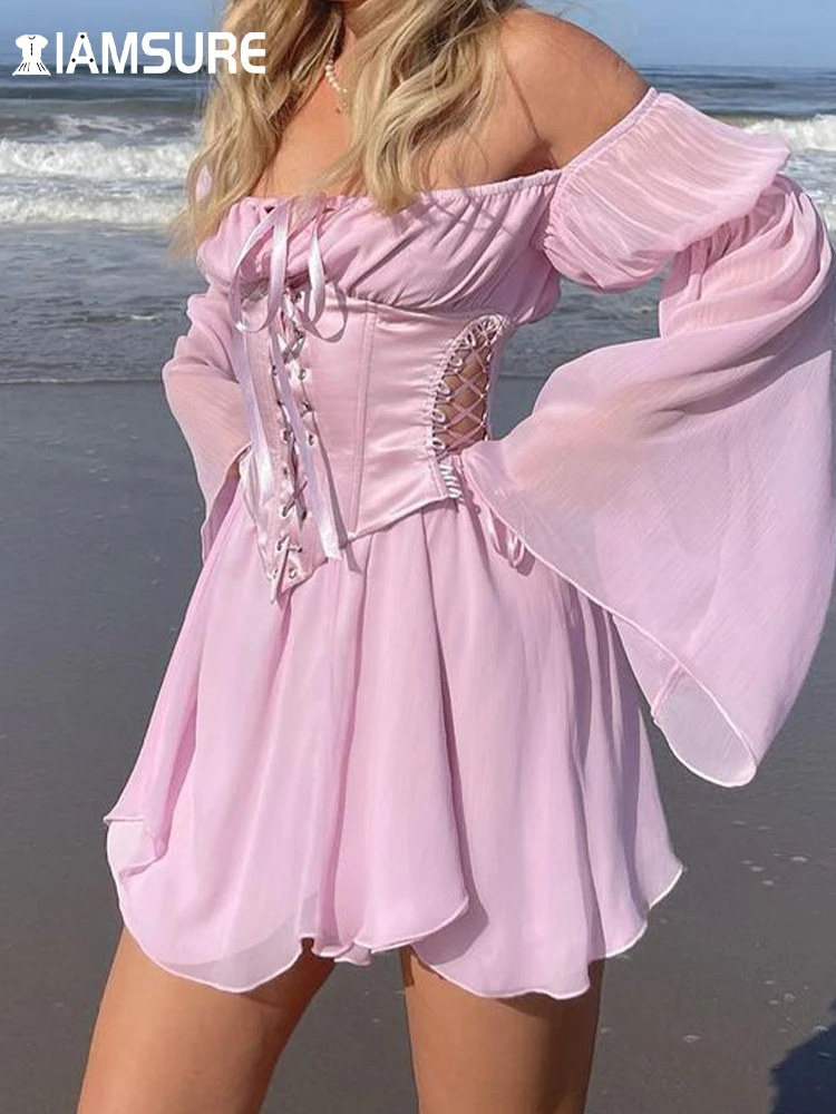IAMSURE Beach Style Vintage Chiffon Dress With Corset Bandage Hollow Out Bustier Prairie Chic Flare Sleeve Dresses 2 Pieces Set