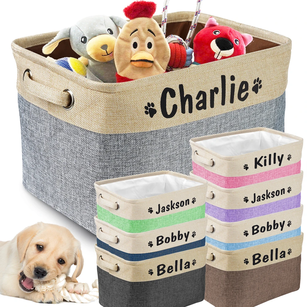 Customized Pet Toy Storage Box Free Dog Name Printing Canvas Dog Cat Storage Container Foldable Storage Bag For Dogs Cats