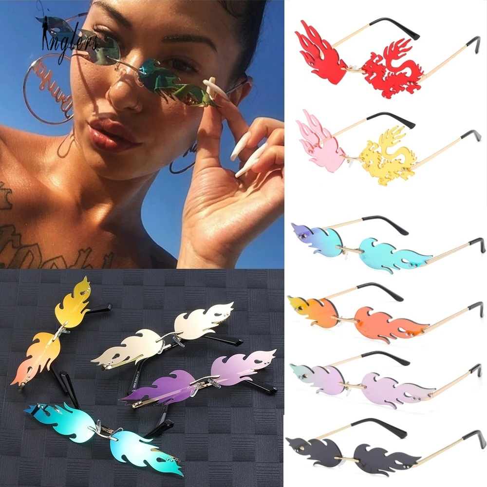 Luxury Cat Eye Sunglasses Women Vintage Brand Designer Rimless Fire Flame Sun Glasses Trending Mirror Lens Narrow Eyewear UV400