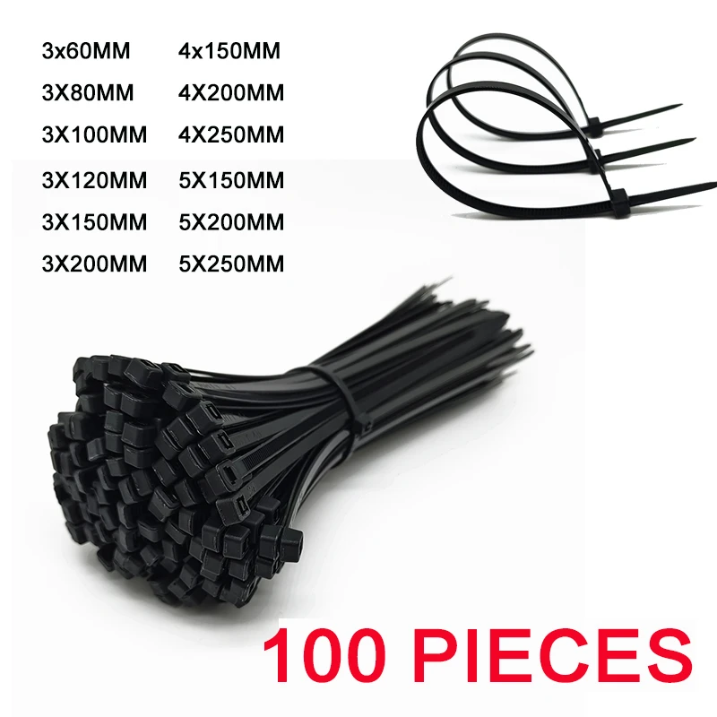 100pieces Black Self Locking Nylon Plastic Cable Ties 4X200 3X200 5X300 Zip Ties Fixing Ring Wire and Cable Tie Cable Management