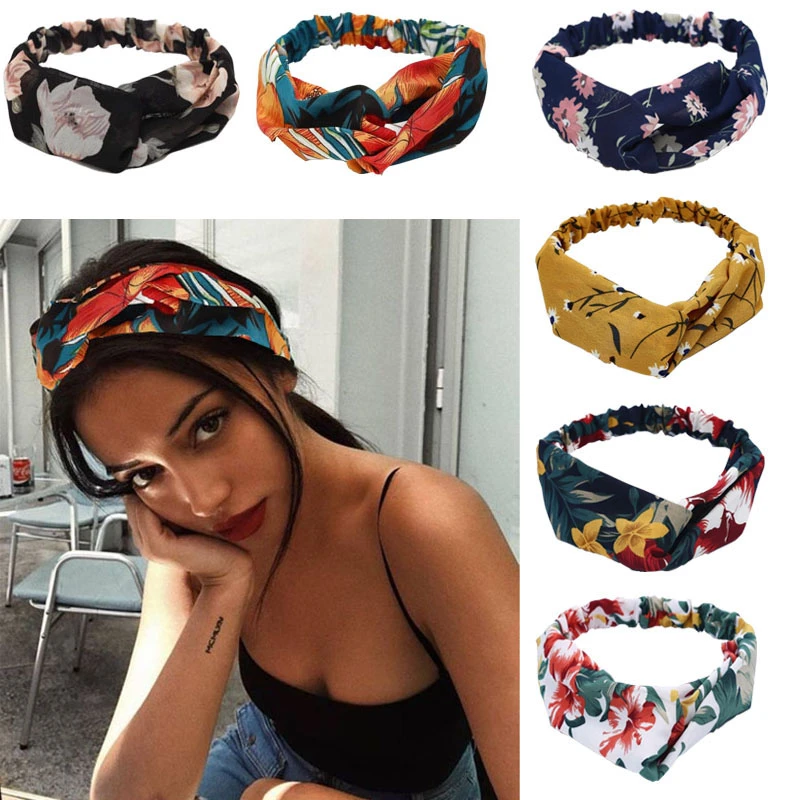 Women Hair Accessories For Baby Fashion Headband Fabric Cross Knotted Bow Chiffon Floral Hair Band Korea Headdress Ladies Hoop