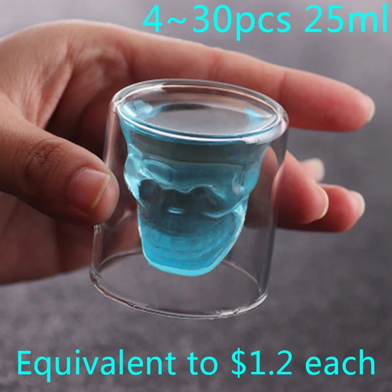 25ML Transparent Skull Cup 16pcs Double Glass Beer Whiskey Vodka Wine Water Champagne Cocktail Wine Coffee Milk Mug Set Shot