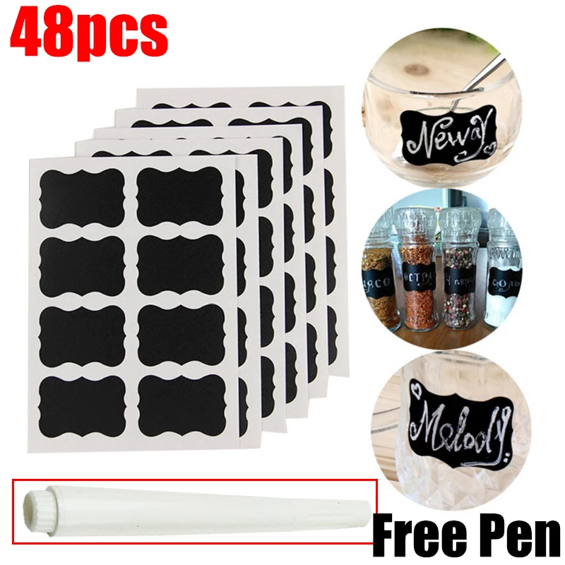 48Pcs/Set Waterproof Chalkboard Kitchen Spice Label Stickers Home Jars Bottles Tags Blackboard Labels Stickers With Marker Pen