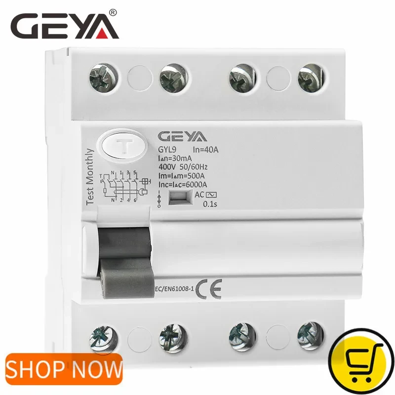 GEYA GYL9 AC Residual Current Circuit Breaker Differential Breaker Safety Switch 4P 40A 63A 100A ELCB FP 30mA 100mA 300mA