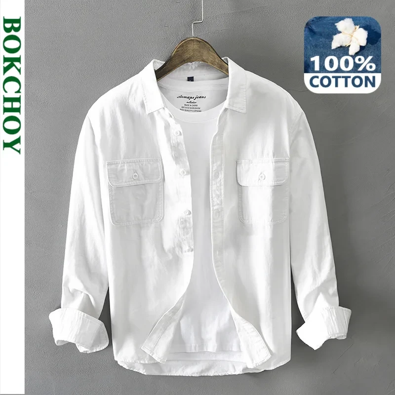 2021 Autumn Winter New Men New Men's White Long Sleeve Shirt Pure Cotton Retro Style Button Up Pocket White Workwear GA-Z102
