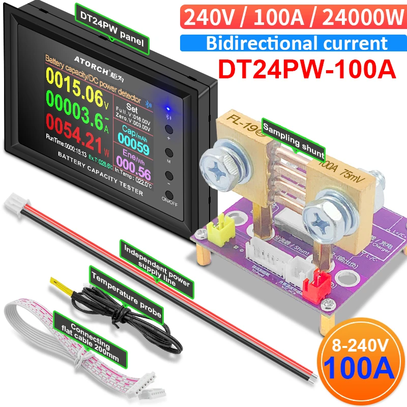 DT24P 0~1000V 100A Amp meter DC Power Voltmeter Ammeter Battery Capacity Tester voltage Gauge detector with Coil CT