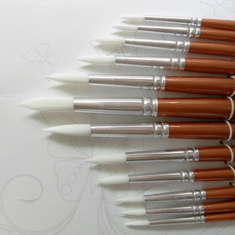12Pcs/lot Round Shape Nylon Hair Wooden Handle Paint Brush Set Tool For Art School Watercolor Acrylic Painting Supplies