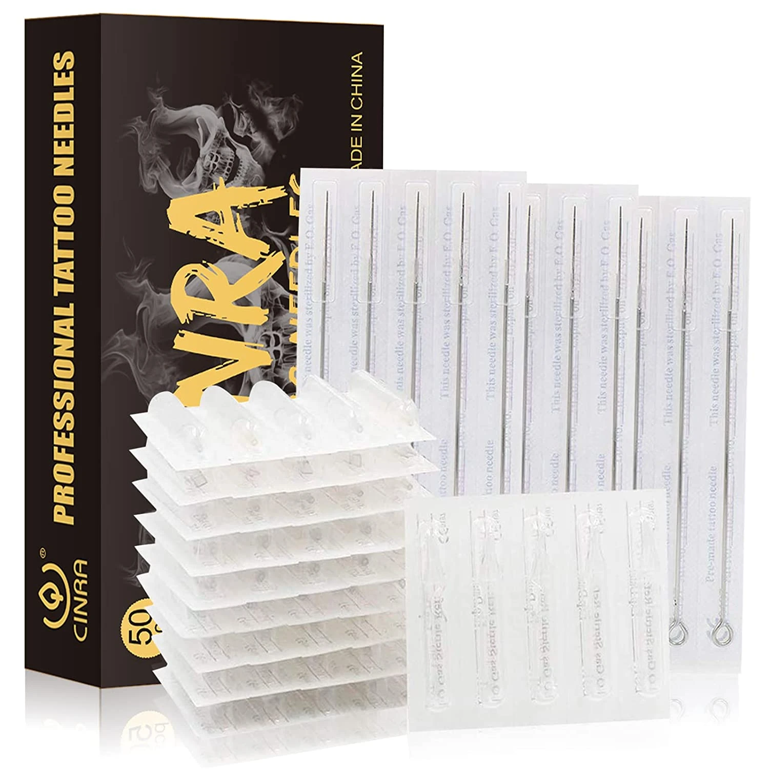 50pcs Disposable Mixed Tattoo Needles + 50pcs Assorted Sterilized Disposable Tattoo Tips, 5pcs of each 3rl 5rl 7rl 7rl 3rs 5rs 7