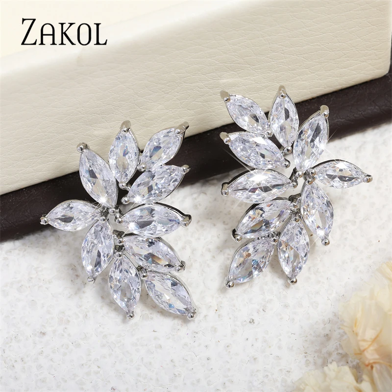 ZAKOL Fashion AAA Cubic Zircon Flower Shape Stud Earrings for Women Popular Leaf Wedding Birthday Jewelry Gift FSEP2233