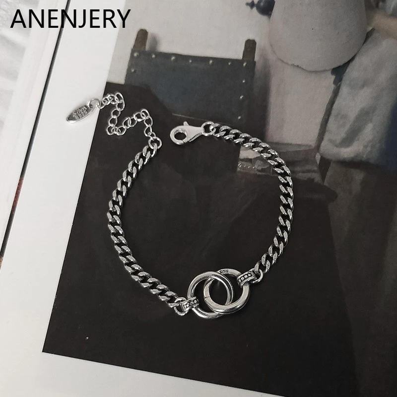 Hip Hop Jewelry Double Circle Thai Silver Color Bracelet Handmade Thick Chain Couple Bracelet for Men Women S-B413