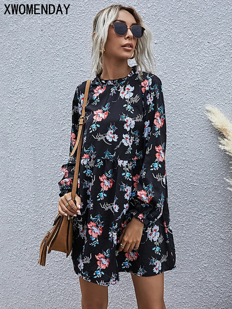 Autumn Spring Dress Casual Ladies Floral Flower Print Black Long Sleeve Loose Fit Dresses Fall Clothes For Women 2020 Fashion