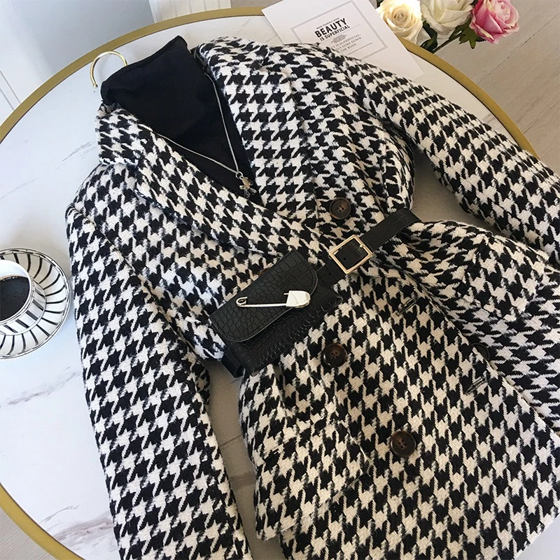 Winter jacket new Korean version with waist bag houndstooth woolen coat suit thick and loose