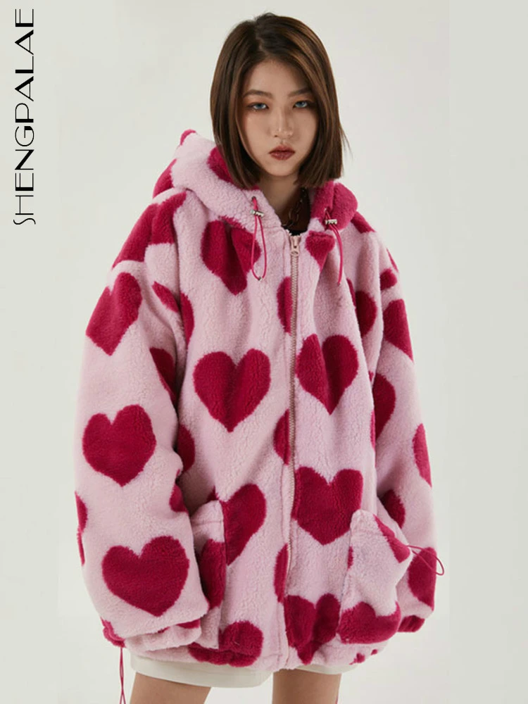 SHENGPALAE Harajuku Heart Full Print Plush Jacket Women Winter 2021 Korean Large Size Long Sleeve Hooded Cotton Coat Thick Warm