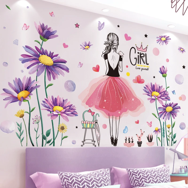 [shijuekongjian] Purple Daisy Wall Stickers DIY Flowers Plants for Living Room Kids Bedroom Kitchen Nursery Home Decoration