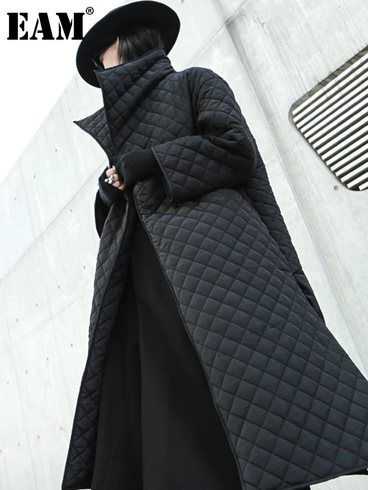 [EAM]  Black Big Size Long Cotton-padded Coat Long Sleeve Loose Fit Women Parkas Fashion Tide New Spring Autumn 2021 19A-a319