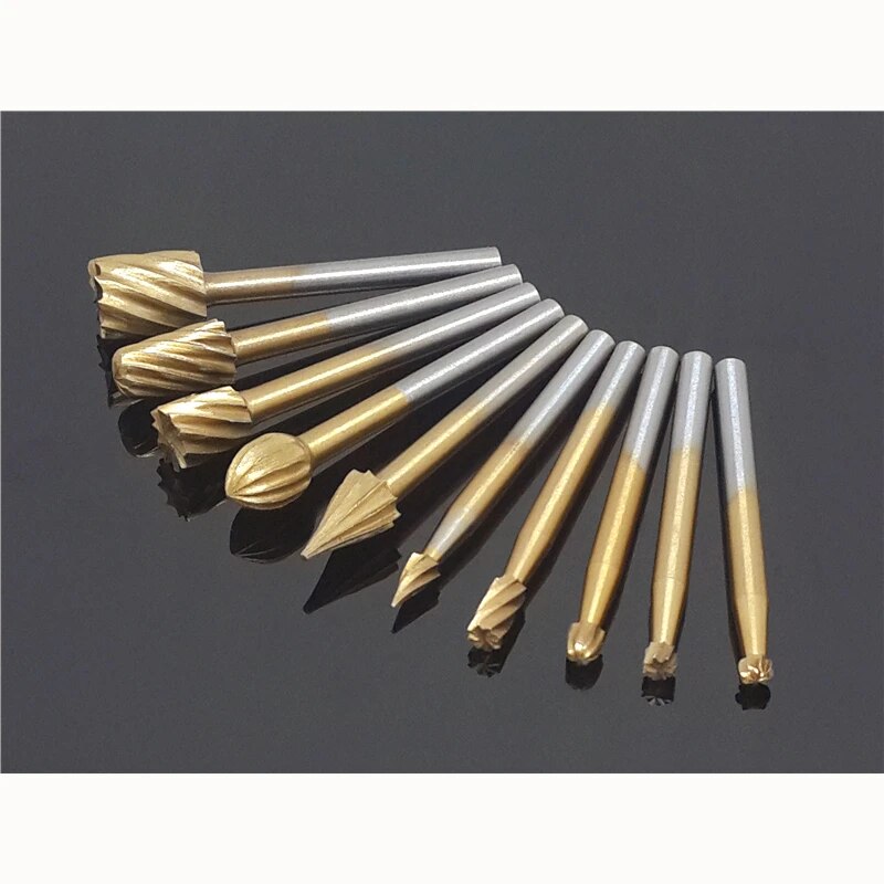 10pcs Set BOX HSS Titanium Dremel Routing Rotary Milling Rotary File Cutter Wood Carving Carved Knife Cutter Tools Accessories