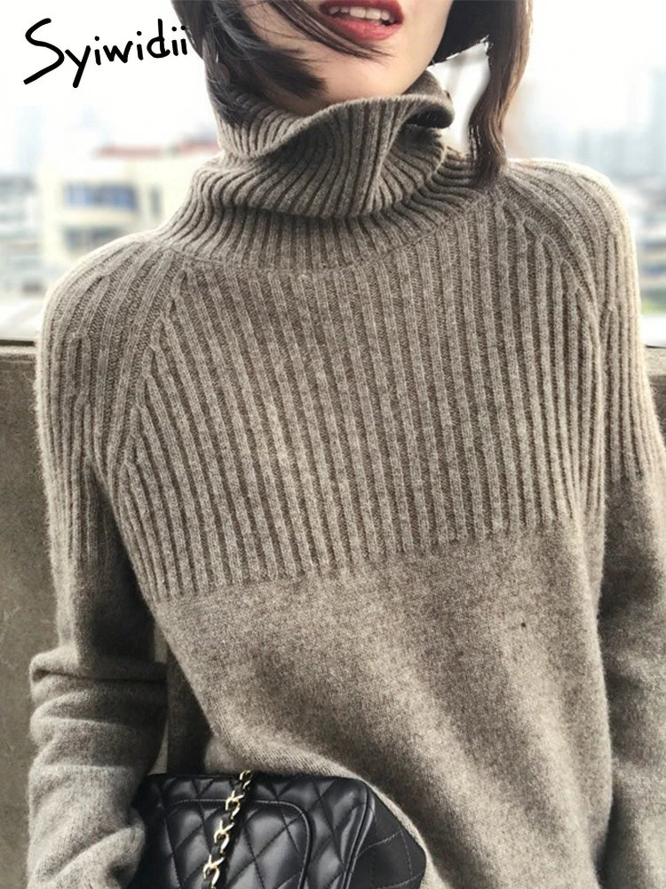 Syiwidii Women's Turtleneck Winter Sweaters Oversize 2021 Korean Fashion Long Sleeve Top Vintage Striped Warm Knitted Pullover