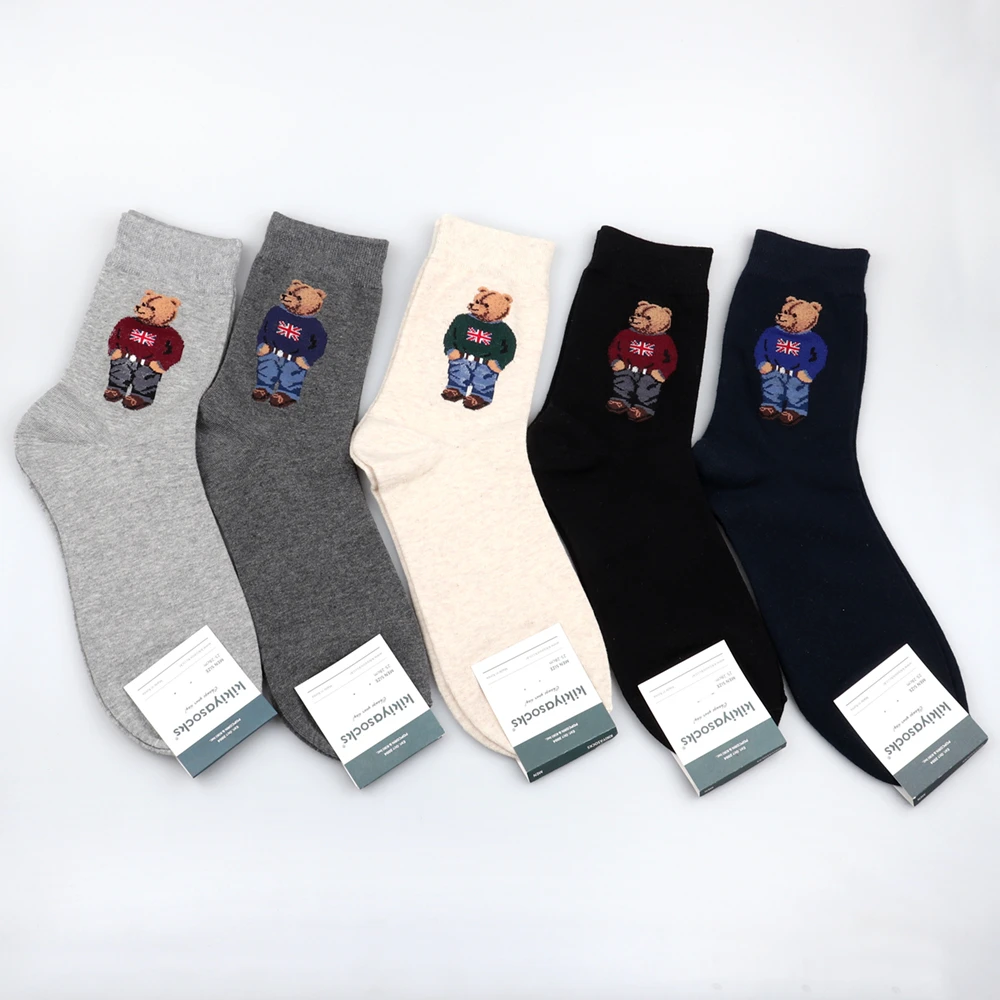 Cartoon gentleman bear Men's Socks Cotton Harajuku Skateboard Socks winter warm Novelty Breathable Sox Christmas Gift