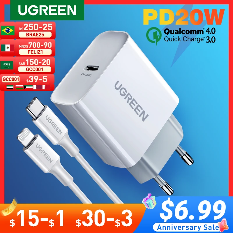 UGREEN Quick Charge 4.0 3.0 QC PD Charger 20W QC4.0 QC3.0 USB Type C Fast Charger for iPhone 13 12 Xs 8 Xiaomi Phone PD Charger