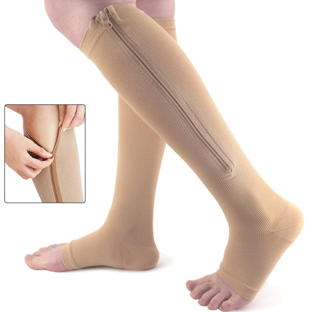 Unisex Open Toe Knee Length Zipper Compression Stockings Women Slim Sleeping Beauty Leg-Support Medical Prevent Varicose Veins