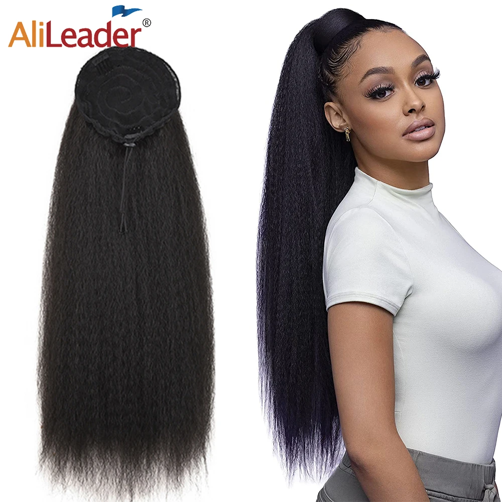 AliLeader Long Afro Puff Ponytail Hair Kinky Natural Hair Synthetic Kinky Straight Drawstring Ponytails With Clip Elastic Band