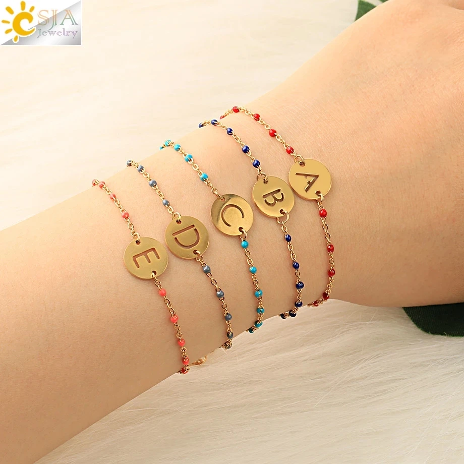 CSJA Gold Color Stainless Steel Bracelet for Women Beaded Beads Initial Letter Bracelets Dainty Jewelry Pulsera Fashion S691