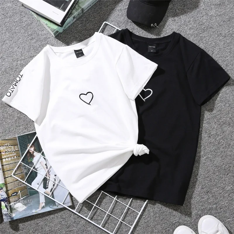 2020 Couples Lovers T-Shirt for Women Casual White Tops Tshirt Women T Shirt Love Heart Embroidery Print T-Shirt