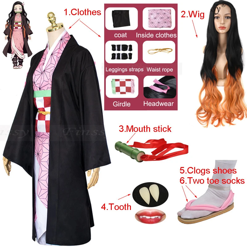 Anime Demon Slayer Kimetsu no Yaiba Kamado Nezuko Cosplay  Shoes Wig Tooth Mouth Stick Adult Woman Cosplay Costume