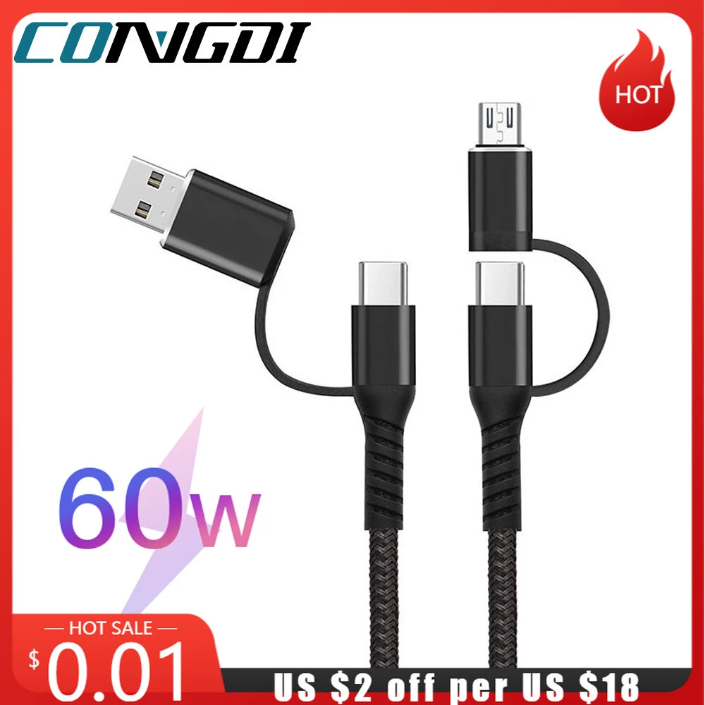 4 In 1 USB Cable Type C for Huawei for IPhone 12 11 Pro Max 3A 60W Fast Charge Micro USB Type-C Cable for Samsung Xiaomi Redmi