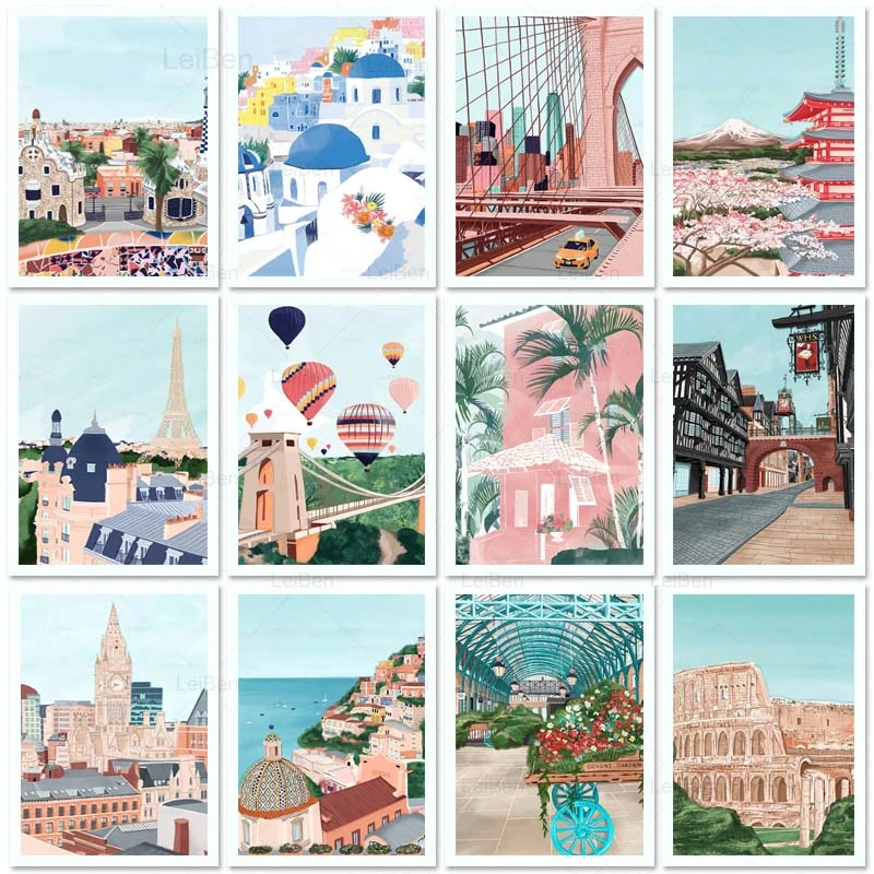 Cartoon Famous City Landscape Travel Poster and Prints Rome Dubai Tokyo Canvas Paintings for Home Cuadros Decoration Pictures