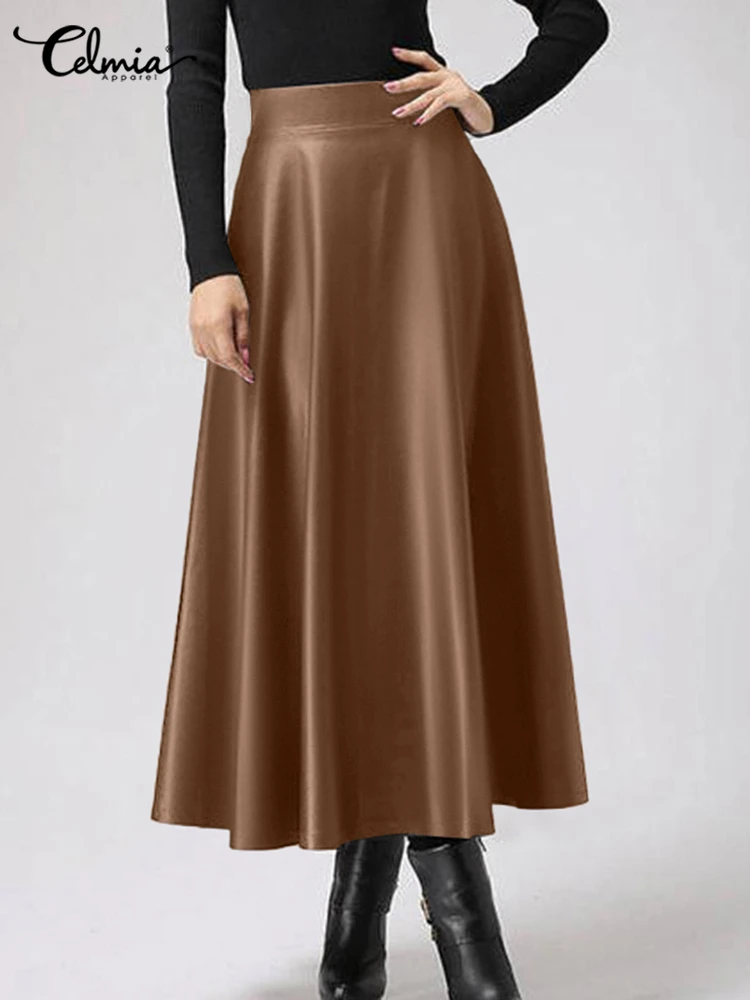 Celmia 2021 Autumn PU Leather Midi Skirts Women Elegant OL High Waist Party Skirt Fashion Office Lady Solid Jupe Street Faldas