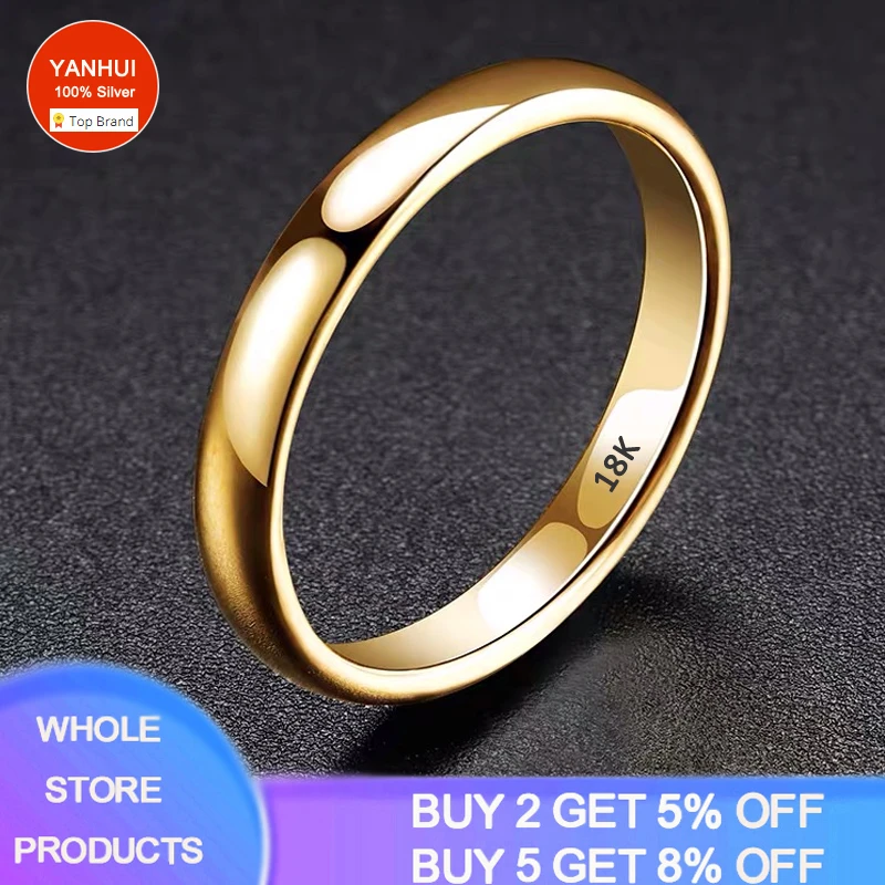 YANHUI Simple Couple Round Rings 18K Yellow Gold Fashion Wedding Bands Fine Jewelry For Men&Women Lover Gift Daily Accessories