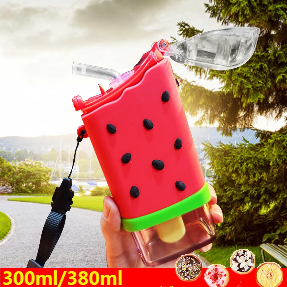 Cartoon Cute Donut Ice Cream Water Bottle Rainbow Creative Square Watermelon Cup Portable Leakproof Children Kettle with Straw